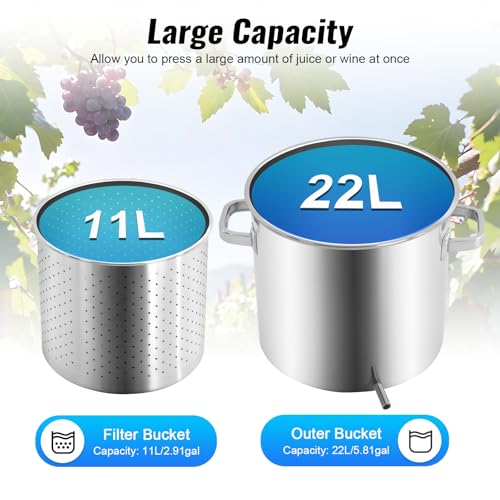 5.8Gal Fruit Cider Wine Press,22L Manual Stainless Steel Juice Maker w/Hydraulic Jack for Apple, Grape, Home Brewing,Load Capacity 330.69lbs (Two Packages) - color: 22L / 5.8Gal