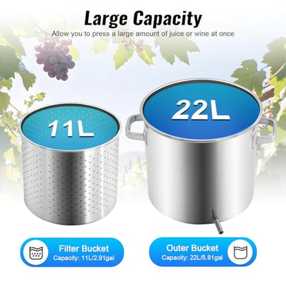 5.8Gal Fruit Cider Wine Press,22L Manual Stainless Steel Juice Maker w/Hydraulic Jack for Apple, Grape, Home Brewing,Load Capacity 330.69lbs (Two Packages) - color: 22L / 5.8Gal