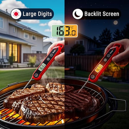 TempPro 1 Second Instant Read Digital Meat Thermometer, ±0.9°F Accuracy, Waterproof & Backlight Food Thermometer for Cooking, Oil Fry Candy Meat Probe for Kitchen, BBQ, Oven, Grill, Smoker - color: Red