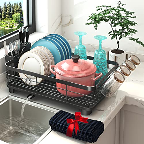 Godboat Dish Drying Rack, Dish Rack with Auto-Drain & Mat, Dish Drainers for Kitchen Counter, Glass Organizer for 4 Cups, 3 Slots Utensil Holder, Gifts for Women Mothers Day, Kitchen Gadgets & Decor - size: Large/(1-Tier)