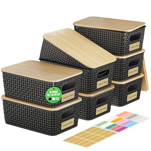 8 Pcs Plastic Storage Bins with Bamboo Lids and Labels 5.29qt Stackable Box Basket Pantry Decorative Containers, Small Storage Baskets for Desktop Organizing Shelves Bedrooms Cabinets 10*7.2*4.1" - style: Black-Bamboo Lid
