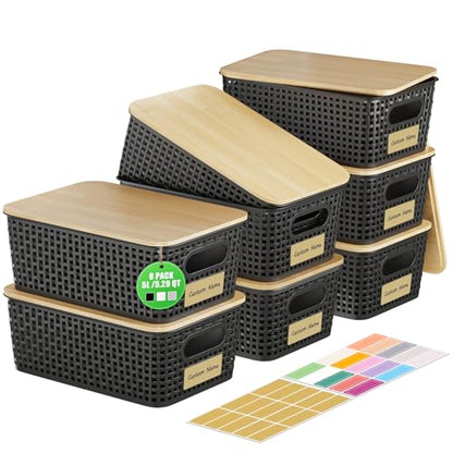 8 Pcs Plastic Storage Bins with Bamboo Lids and Labels 5.29qt Stackable Box Basket Pantry Decorative Containers, Small Storage Baskets for Desktop Organizing Shelves Bedrooms Cabinets 10*7.2*4.1" - style: Black-Bamboo Lid