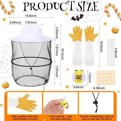 Preboun 35 Pcs Beekeeper Costume Set, Beekeeper Suit Hat with Veil Gloves Felt Bee for Bee Keeper Catcher Cosplay Halloween - size: 3X-Large