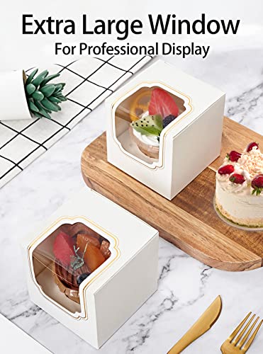 Happyhiram Gold Foil Cupcake Boxes 50 Pcs, Individual Cupcake Box for Graduation Party Single Cupcake Containers Cardboard Holders with Window and Insert Cocoa Bombs Packaging Togo Boxes - color: Gold White, size: 50-Count