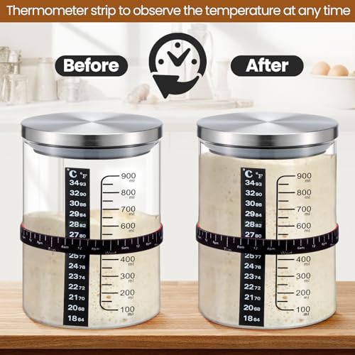 Potchen 2 Set Sourdough Bread Starter Kit 34oz Sourdough Starter Kit with Thermometer Scraper Cloth Cover and Lid Wide Mouth Sourough Bread Baking Supplies(Retro Style,Silver)