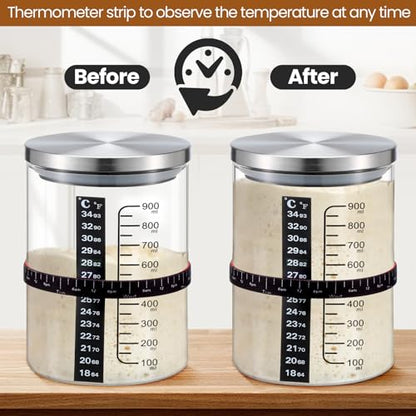 Potchen 2 Set Sourdough Bread Starter Kit 34oz Sourdough Starter Kit with Thermometer Scraper Cloth Cover and Lid Wide Mouth Sourough Bread Baking Supplies(Retro Style,Silver)