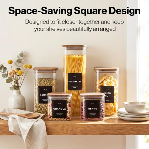 EDELHAUS Glass Storage Containers with Acacia Lids and Labels - Set of 5 | Extra Thick Square Glass Canisters with Acacia Wood Lids and 54 Pre-printed Pantry Labels keeps dry Goods Fresh and Organized