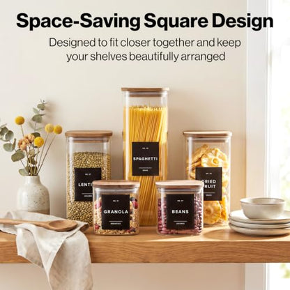 EDELHAUS Glass Storage Containers with Acacia Lids and Labels - Set of 5 | Extra Thick Square Glass Canisters with Acacia Wood Lids and 54 Pre-printed Pantry Labels keeps dry Goods Fresh and Organized