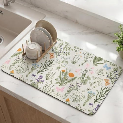 LemonRoad Dish Drying Mat for Kitchen Counter, 12"x20" Absorbent Coffee Bar Mat with Spring Floral Design, Fast-dry Diatomite Drainer Drying Mats with Non-slip Backing for Kitchen Sink Countertop - style: Floral Pattern