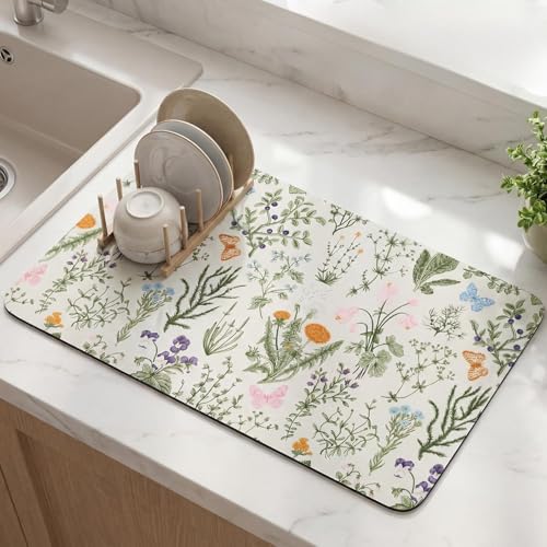 LemonRoad Dish Drying Mat for Kitchen Counter, 12"x20" Absorbent Coffee Bar Mat with Spring Floral Design, Fast-dry Diatomite Drainer Drying Mats with Non-slip Backing for Kitchen Sink Countertop - style: Floral Pattern