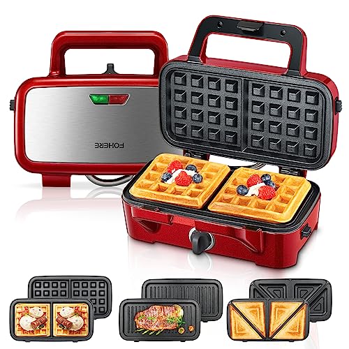 FOHERE Waffle Maker 3 in 1 Sandwich Maker 1200W Panini Press With Removable Plates and 5-gear Temperature Control, Non-stick Coating Easy to Clean,Indicator Lights, Red - color: Red