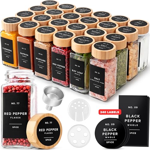 EDELHAUS® Square Spice Jars with Bamboo Wooden Lid (Pack of 24) Spice Jars with Shaker Insert and 240 Labels - Bamboo Lid Glass Container for Spice Organisation [4.3 in × 1.8 in] - color: Black Spice Labels