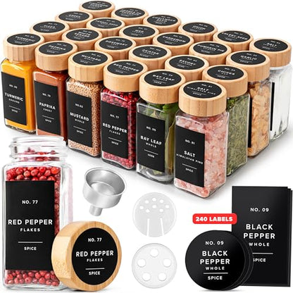 EDELHAUS® Square Spice Jars with Bamboo Wooden Lid (Pack of 24) Spice Jars with Shaker Insert and 240 Labels - Bamboo Lid Glass Container for Spice Organisation [4.3 in × 1.8 in] - color: Black Spice Labels