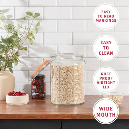 kitchentoolz 1 Gallon Glass Jar with Hinged Clamp-Top Lid – Premium Locking Mason Jar – Airtight Rubber Gasket, Wide Mouth – For Canning, Pickling, Fermenting – Measurement Markings – 1 Pack