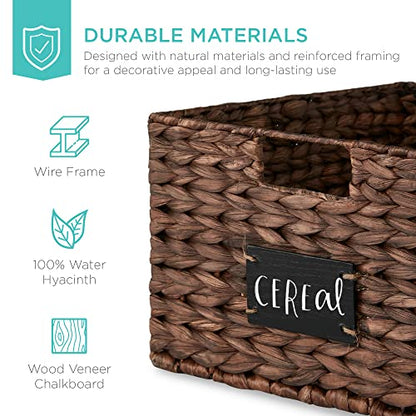 Best Choice Products 식료품 저장실 바구니 40.6 x 30.5cm(16 x 12인치) 워터 히아신스 보관 바구니 2개 세트, 손잡이가 달린 우븐 고리버들 주방 정리함, 칠판 라벨 분필 마커 포함 - 브라운 - color: 브라운., size: 12x16x8in