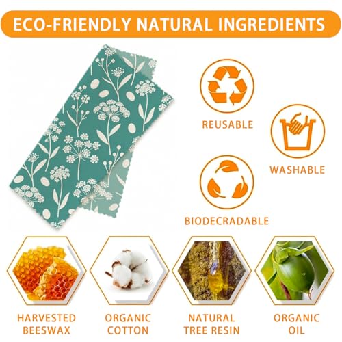 Reusable Beeswax Wraps, Leaves & Flowers Wraps, 9 Pack Eco-Friendly Food Storage, Organic Cotton, Sustainable, Zero Waste, Plastic-Free, Sandwich, Snack, Bowl Covers, 1XL, 3M, 5S - color: Green Botanical3