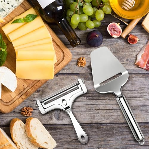 2 Pack Cheese Slicers, AIDOIT Stainless Steel Wire Cheese Slicer with Cheese Plane Tool, Adjustable Thickness Cheese Cutter with 8 Extra Wires for Soft, Semi-Hard, Hard Cheeses - color: Silver-a