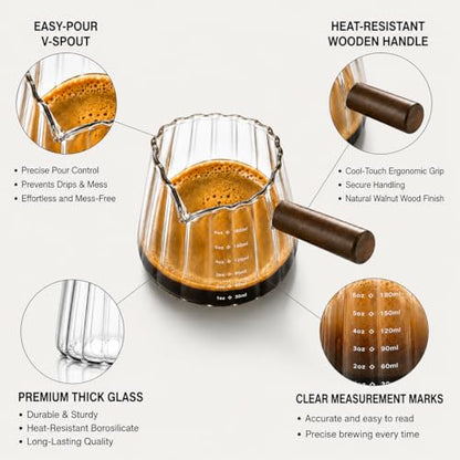 2 Pack Espresso Shot Measuring Cups 6oz, Clear & Grey Ribbed Glass Espresso Cups with Wood Handle, V-Shaped Spout, oz/ml Markings for Espresso, Milk Frothing, Latte and Coffee Bar - color: Clear + Gray (2 Pack)