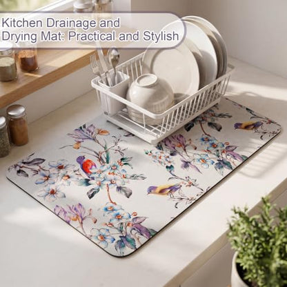 LemonRoad Dish Drying Mat for Kitchen Counter, 12"x20" Absorbent Coffee Bar Mat with Flowers Birds Design, Fast-dry Diatomite Drainer Drying Mats with Non-slip Backing for Kitchen Sink Countertop - style: Flowers and Birds