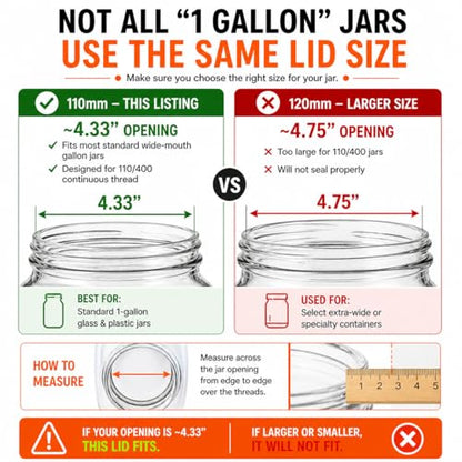 White Metal Lid for 1 Gallon & 1/2 Gallon Wide Mouth Glass Jars – 110mm (4.33") ID & (4.50") OD Fit – Food-Grade, Leak-Resistant Caps (Jars Not Included)