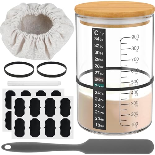 10Pcs Sourdough Starter Jar Kit 900ml Heat Resistant Sourdough Starter Container with Wooden Lid Spatula Reusable Wide Mouth Glass Sourdough Fermentation Jar for Sourdough Baking ZHAZHAMO