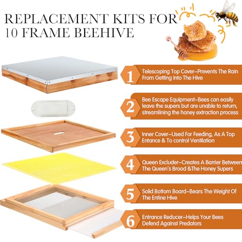DoubleFill 8 Pcs Beehive Parts Kit for 10 Frame Bee Hive, Telescoping Top Cover Queen Excluder Inner Cover Screened Bottom Board Entrance Reducer Bee Escape Equipment J-hook Scrape and Gloves (Yellow) - color: Yellow