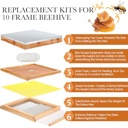 DoubleFill 8 Pcs Beehive Parts Kit for 10 Frame Bee Hive, Telescoping Top Cover Queen Excluder Inner Cover Screened Bottom Board Entrance Reducer Bee Escape Equipment J-hook Scrape and Gloves (Yellow) - color: Yellow