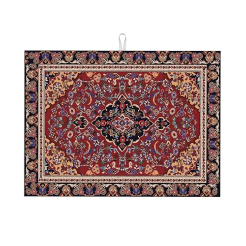 Persian Pattern Dish Drying Mat for Kitchen Counter 18 x 24 inch Persian Theme Dish Drainer Rack Mats with Hanging Loop Bohemian Motif Dishes Drainer Pads Vintage Tribal Drying Pad - color: Red