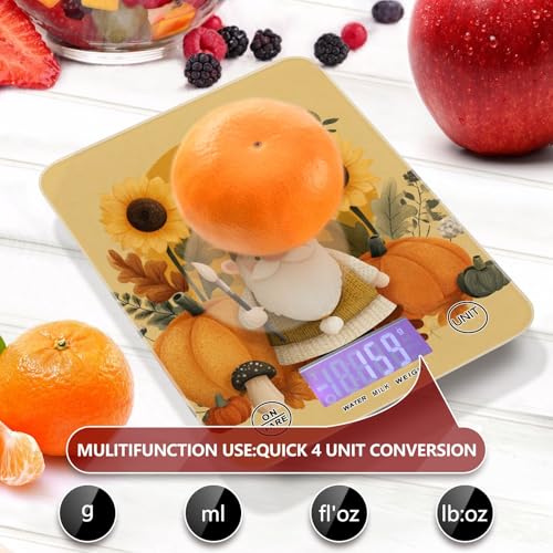 Fall Gnome Pumkin Sunflowers Thanksgiving Food Scale Kitchen Digital Scale Food Ounces and Grams Dieting Baking Cooking Waterproof Glass Panels LCD Display,4 Units Tare Function - color: Fall Gnome Pumkin Sunflowers Thanksgiving