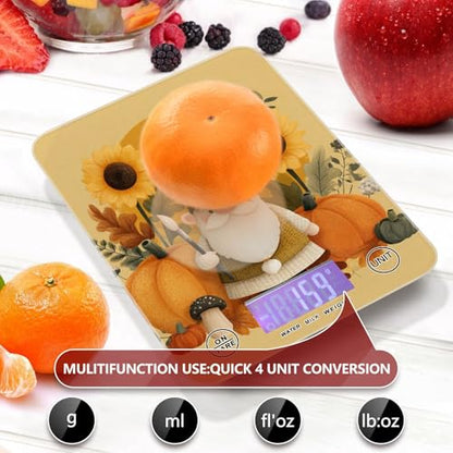 Fall Gnome Pumkin Sunflowers Thanksgiving Food Scale Kitchen Digital Scale Food Ounces and Grams Dieting Baking Cooking Waterproof Glass Panels LCD Display,4 Units Tare Function - color: Fall Gnome Pumkin Sunflowers Thanksgiving