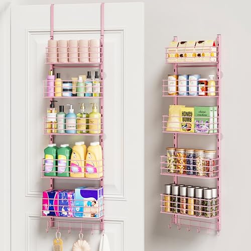 SWTYMIKI Over The Door Organizer - Door Organizer Hanging with 5 Adjustable Metal Large Capacity Basket and 6 Coat Hook, Wall Mounted Shelf for Bedroom Closet Bathroom Laundry Pantry Cabinet Kitchen - color: Pink, size: 5-Tier
