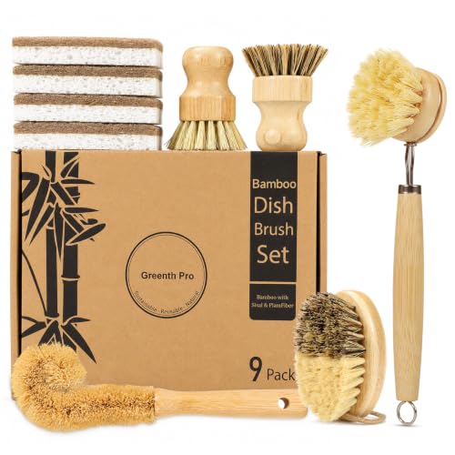 GREENTH PRO 9-Piece Bamboo Dish Brush Set with Natural Coconut Sponges | Dish Brush,Coconut Bottle Brush,Natural Kitchen Cleaning Set