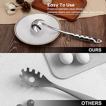 Kitchen 304 Stainless Steel Spaghetti Server – 12" Pasta Fork with Draining Holes & Anti-Slip Teeth – Rust-Resistant Noodle Ladle – Dishwasher Safe Kitchen Utensil for Everyday Use - size: B.Spaghetti Spoon
