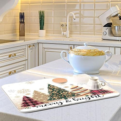 Christmas Tree Golden Dish Drying Mat for Kitchen Countertop 18x24 Winter Snowflake White Xmas Large Drying Mat Reusable Quick Dry Dish Sink Mats Easy Clean Decorative Essentials - size: 18x24(in)x1