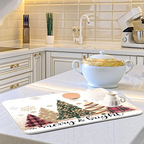 Christmas Tree Golden Dish Drying Mat for Kitchen Countertop 16x18 Winter Snowflake White Xmas Small Drying Mat Reusable Quick Dry Dish Sink Mats Easy Clean Decorative Essentials - size: 16x18(in)x1