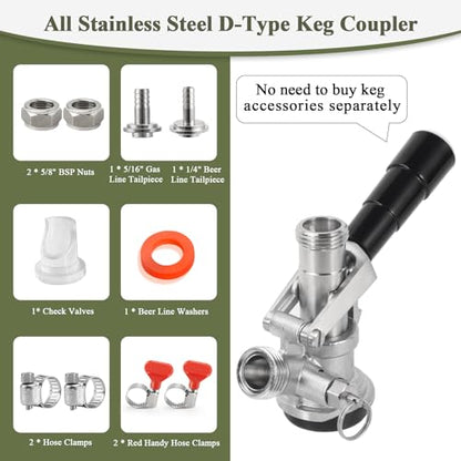 All 304 Stainless Steel D System Keg Coupler, Beer Tap Coupler with 1/4’’ Beer Line Barb & 5/16’’ Gas Line Barb, Heavy Duty US D Sankey Coupler for Smooth Pouring & Fast Dispensing | Heavy Duty, Foam-Free - size: 1/4’’Barb