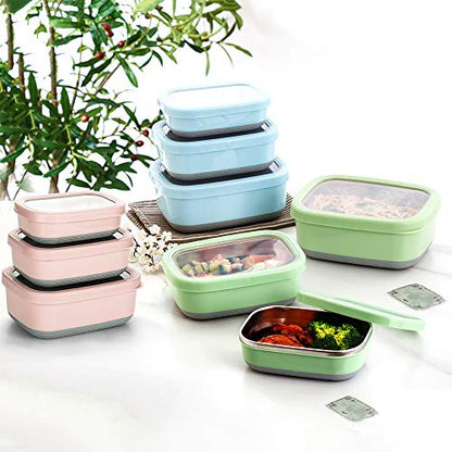 Lille Home Leak Proof Salad Container Stainless for Lunch - Snack Containers Steel - Ideal for Educational Settings & Daycare - Nesting Trio with Silicone Lids - 47oz+30oz+16oz - Blue - color: Green