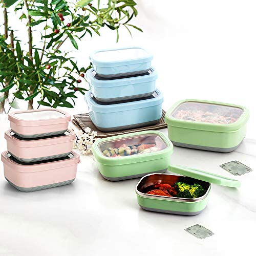 Lille Home Leak Proof Salad Container Stainless for Lunch - Snack Containers Steel - Ideal for Educational Settings & Daycare - Nesting Trio with Silicone Lids - 47oz+30oz+16oz - Blue - color: Blue