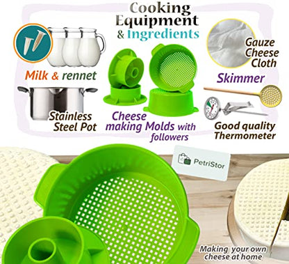 2 Pcs Cheese Mold for Cheese Making Cheese With Follower Piston Color Green - Cheesemaking Supplies - Cheese Form Mold - Cotton Cloth For Straining - Molde Para Queso Casero