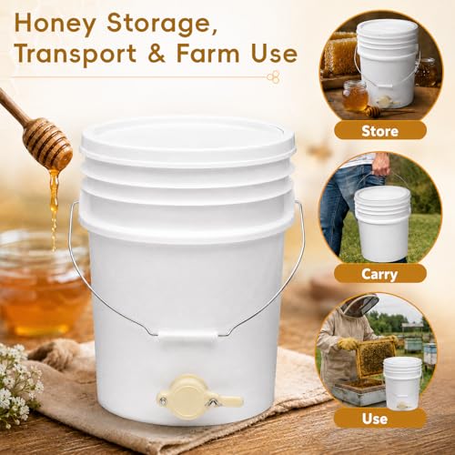 3 Pack 5 Gallon Honey Buckets with Honey Gates and Lids, 15 Gallon Total, Food Grade BPA-Free HDPE Beekeeping Bucket Set for Honey Harvesting, Extraction, Filtering, Bottling & Storage