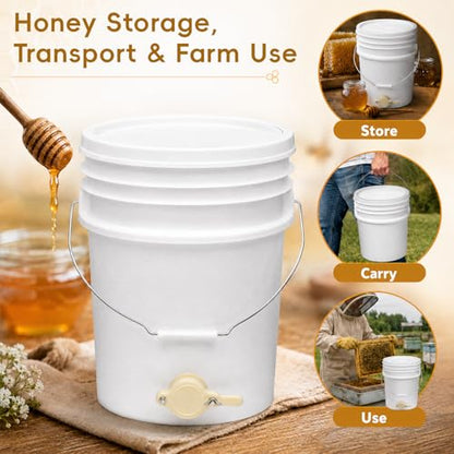 3 Pack 5 Gallon Honey Buckets with Honey Gates and Lids, 15 Gallon Total, Food Grade BPA-Free HDPE Beekeeping Bucket Set for Honey Harvesting, Extraction, Filtering, Bottling & Storage
