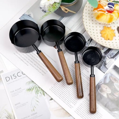 Set of 4 Measuring Cups and Spoons Black Measuring Cups with Wooden Handle Stainless Steel Measuring Spoons and Scoops Set for Kitchen Flour Spice Seasoning Measurement (1+1/2+1/3+1/4 Cup) - size: 1+1/2+1/3+1/4 Cup