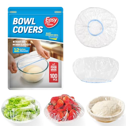 100PCS 12Inch Bowl Covers for Sourdough Bread Proofing | Outdoor Picnics,BPA-Free Plastic,Elastic Stretch Food Storage Lids,Meal Prep,Fresh Keeping,Shower Cap,Hair Deep Conditioning - color: 12Inch-100pcs