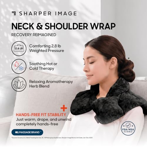 Sharper Image Heated Neck & Shoulder Wrap - Microwavable Warm & Cooling Plush Pad, Scented Aromatherapy (100% Natural Lavender & Herb Spa Blend), Pain Tension Headache Relief Therapy, Gift for Women - color: Black