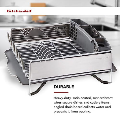 KitchenAid Compact, Space Saving Rust Resistant Dish Rack with Removable Flatware Caddy and Angled Self Draining Drainboard, 16.06-Inch, Black - color: Black, size: Compact