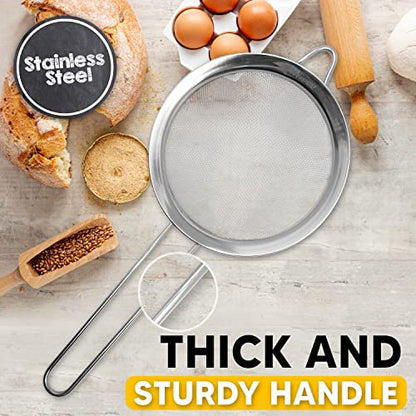 Makerstep Set of 3 Stainless Steel Fine Mesh Strainers Graduated Sizes 3.38", 5.5", 7.87" Strainer Wire Sieve Sifter with Sturdy Handle for Kitchen Gadgets Tools - New Home Kitchen Essentials