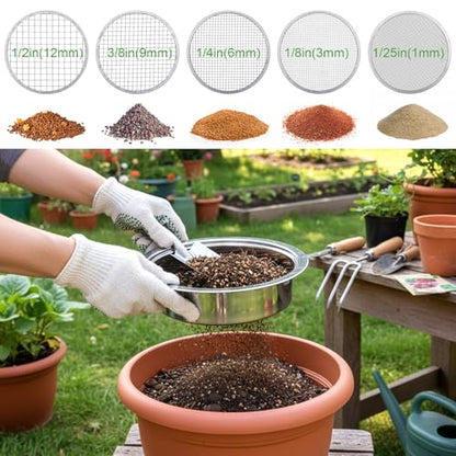 5 Pcs Soil Sifter Set, Stainless Steel Garden Sieve with 5 Interchangeable Meshes 1/3/6/9/12mm, 8 Inch Diameter for Gardening, Compost, Bonsai, Dirt and Sand Sifting, with Shovel, Silver