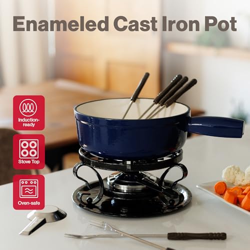 Swissmar Lugano Cast Iron Cheese Fondue Set, 9-Piece, 2 QT / 2 L - Ideal for Melting Cheese, Chocolates, Caramel, & More - Perfect for Kitchen Collection & Gift Giving - Deep Blue - color: Deep Blue