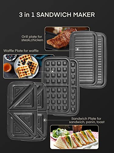 FOHERE 3-in-1 Sandwich Maker, 1200W Waffle Maker & Panini Press Grill, 3 Removable Non-stick Plates, 5-Gear Temp Control, Grilled Cheese Maker, Quick Breakfast, LED Indicators, Stainless Steel/Black - color: Silver