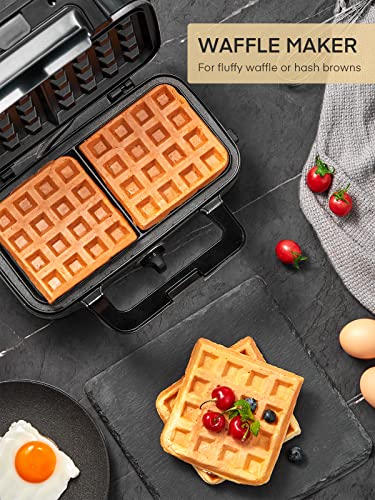 FOHERE 3-in-1 Sandwich Maker, 1200W Waffle Maker & Panini Press Grill, 3 Removable Non-stick Plates, 5-Gear Temp Control, Grilled Cheese Maker, Quick Breakfast, LED Indicators, Stainless Steel/Black - color: Silver
